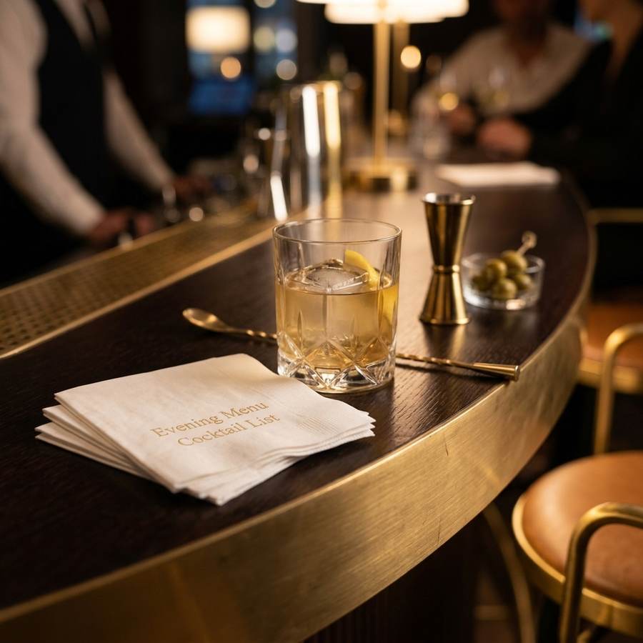 Gefaltete Cocktailservietten mit goldenem Aufdruck auf einer Bartheke neben einem Cocktailglas
