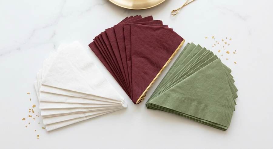 Drei Fächer gefalteter Papierservietten in Weiß, Bordeaux und Salbeigrün auf Marmortisch mit goldenem Besteck