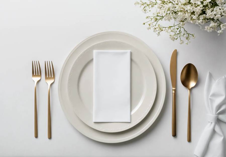Elegant gedeckter Tisch mit goldenem Besteck und gefalteter weißer Papierserviette – Premium-Tischkultur für Gastronomie und Hotellerie
