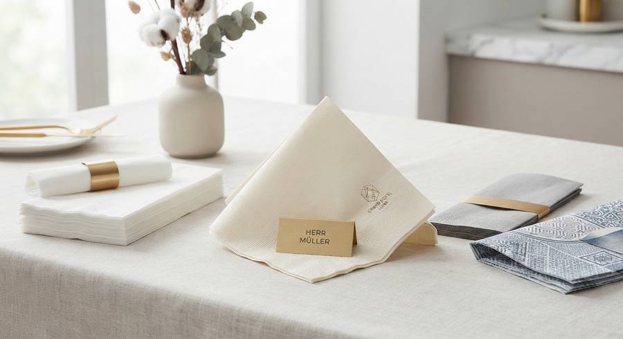 Gefaltete cremefarbene Stoffserviette mit goldenem Hotel-Monogrammdruck und goldenem Namensschild 'Herr Müller' auf gedecktem Tisch mit weiteren gefalteten Servietten