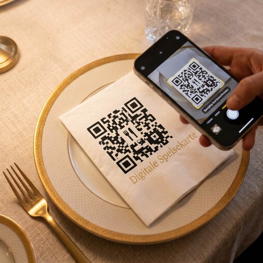Smartphone scannt einen auf einer Papierserviette aufgedruckten QR-Code auf goldgerandetem Teller