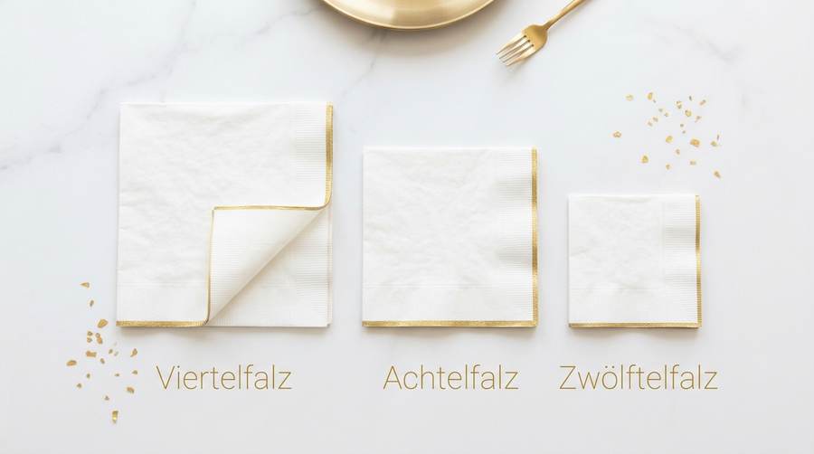 Drei weiße Papierservietten mit Goldrand im Vergleich: Viertelfalz, Achtelfalz und Zwölftelfalz, beschriftet