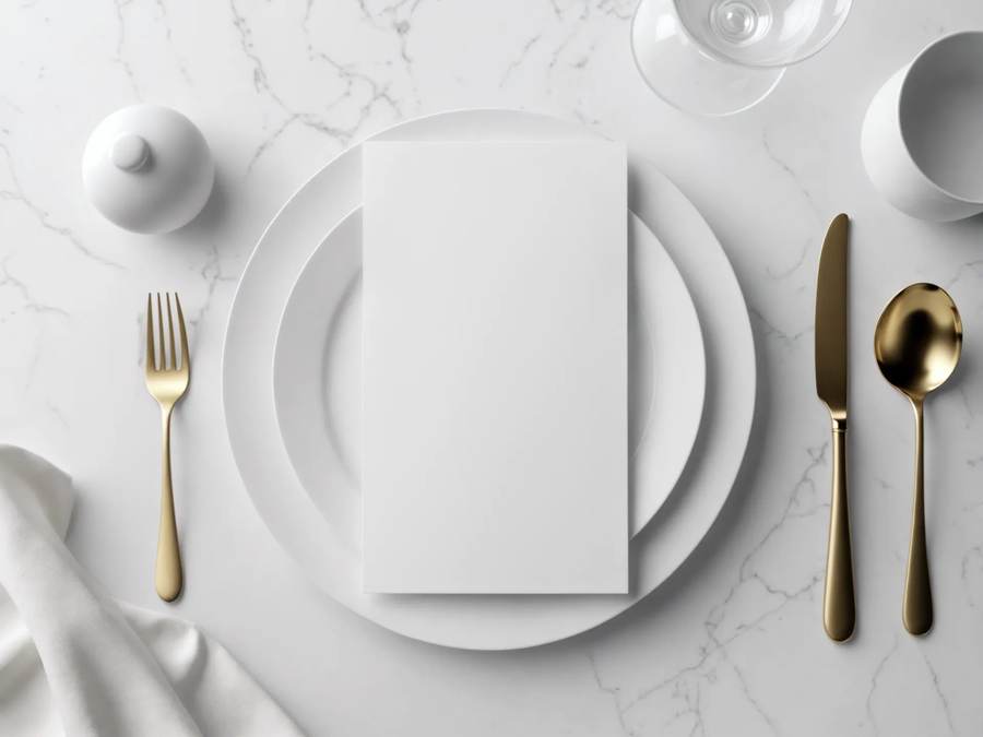 Eleganter, marmorierter Tisch mit weißem Platzkärtchen und goldenem Besteck – Symbolbild für Premium-Serviettenproduktion