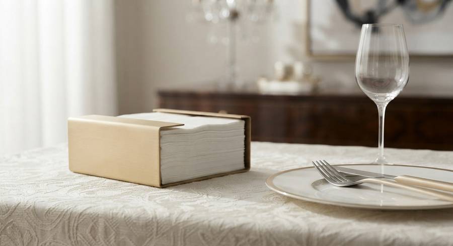 Eleganter goldener Serviettenspender mit gefalteten weißen Papierservietten auf strukturierter Tischdecke, im Hintergrund gedeckter Tisch mit Weinglas